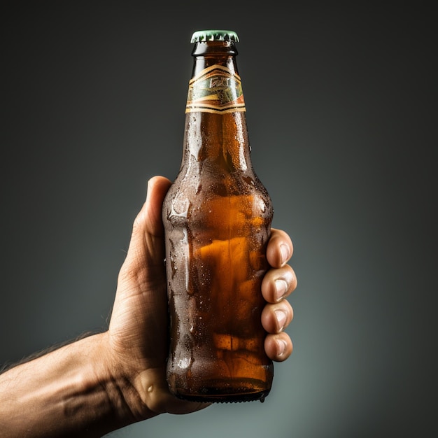 Foto disfrute frío mano aislada agarra una refrescante botella de cerveza para el tamaño de la publicación en las redes sociales