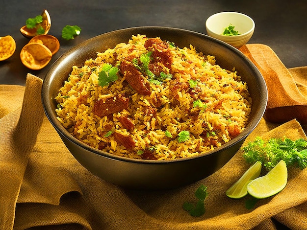 Disfrute de los ricos sabores de nuestro biriyani perfectamente capturado en una imagen cinematográfica deliciosa