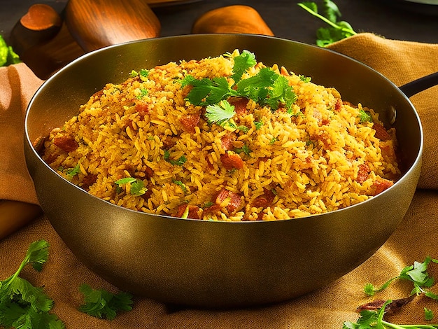 Disfrute de los ricos sabores de nuestro biriyani perfectamente capturado en una imagen cinematográfica deliciosa