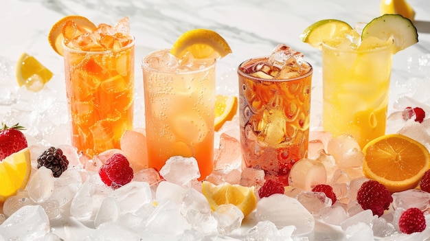 Disfrute de una selección de bebidas envueltas en hielo triturado para una experiencia fresca y vigorizante