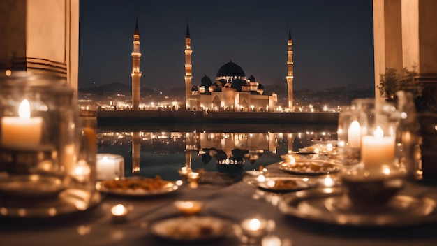 Disfrute de la tranquilidad de un iftar de Ramadán acompañado por la impresionante vista de una mezquita