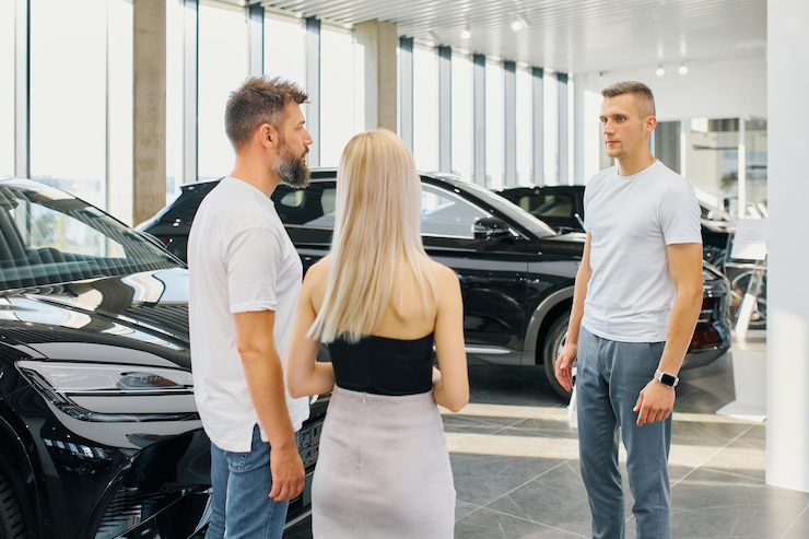 Foto diskussion der fahrzeugwahl zwischen käufern und verkaufsleiter in einem autohäuser
