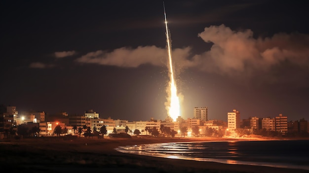 Foto se dispara un cohete desde la franja de gaza hacia israel la ciudad por la noche militantes de israel y gaza intercambiaron disparos transfronterizos