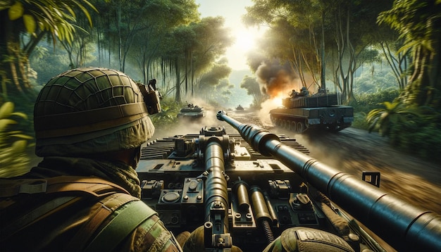 Foto disparado por detrás de un soldado en equipo de combate conduciendo un tanque