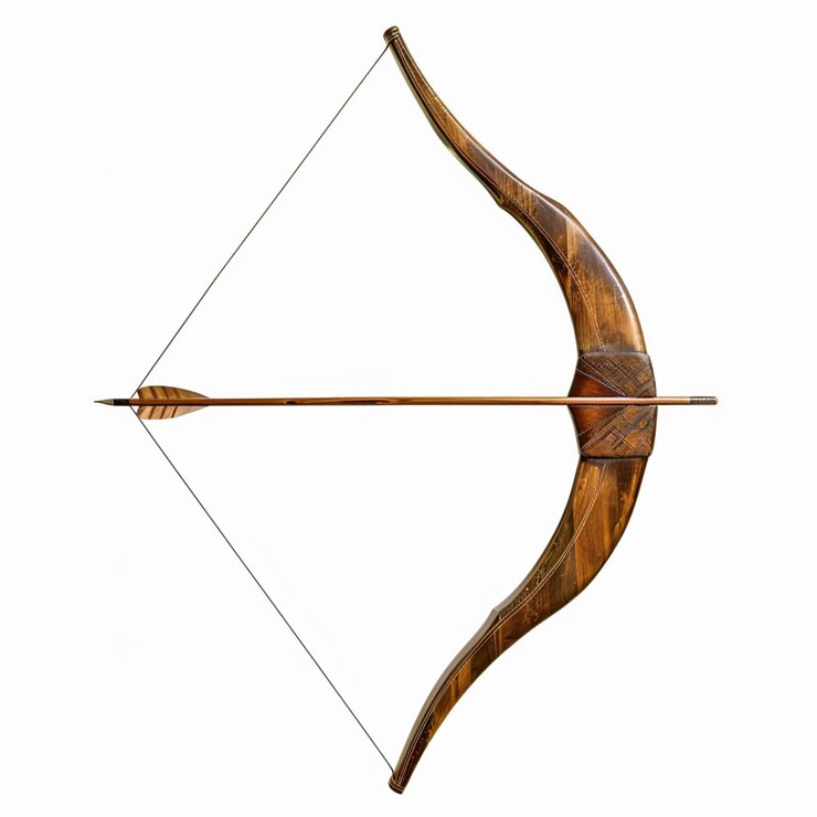 disparando un arco y una flecha de madera en fondo blanco