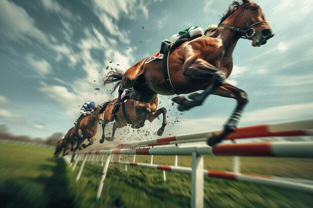Foto un disparo a alta velocidad de caballos de carreras saltando sobre un obstáculo