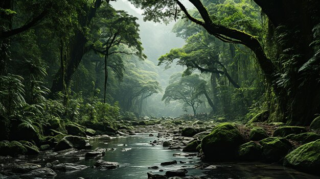 Disparo de alto ángulo de un hermoso bosque con muchos árboles verdes envueltos en niebla en Nueva Zelanda