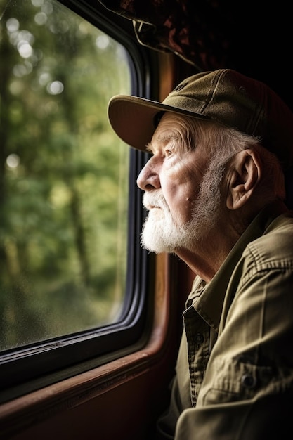 Disparo de un anciano mirando por la ventana en su recorrido por la vida salvaje creado con IA generativa