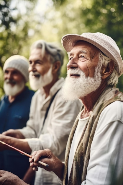 Disparo de un anciano pintando al aire libre con sus amigos creado con IA generativa