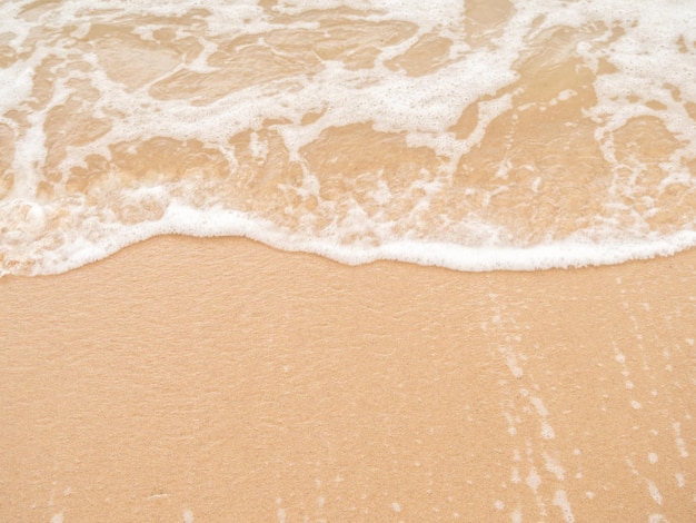 Disparo de ángulo alto. De cerca, arena marrón de playa y olas de mar y burbujas blancas.