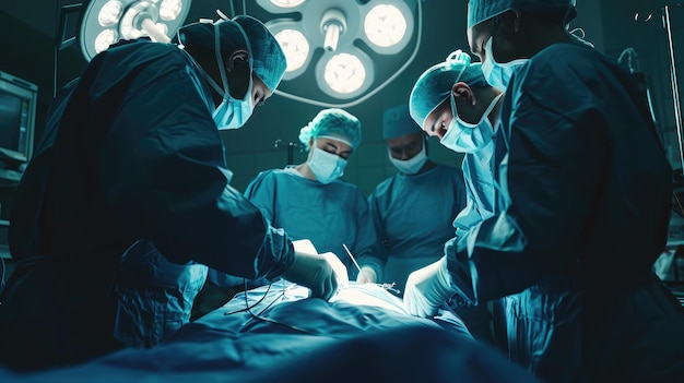 Disparo de ángulo bajo en el quirófano Asistente entrega instrumentos a los cirujanos durante la operación Los cirujanos realizan la operación Médicos profesionales realizando cirugía