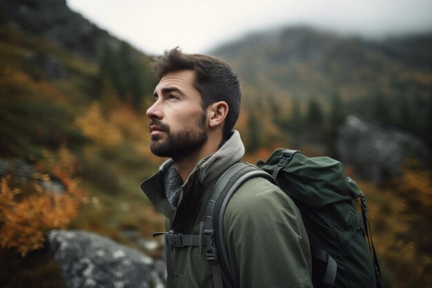 Disparo de un apuesto joven caminando en las montañas creado con ai generativo