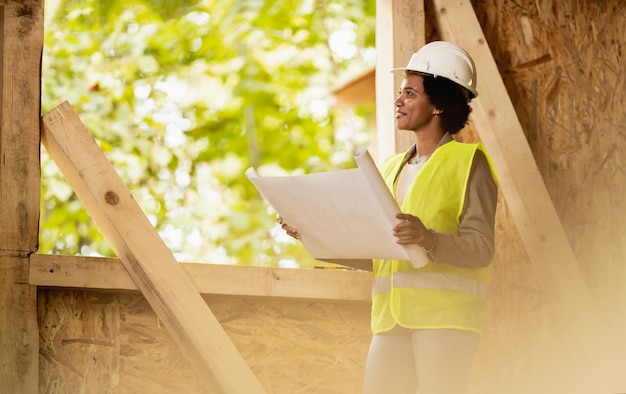 Disparo de una arquitecta afroamericana revisando planos en el sitio de construcción de una nueva casa de madera. Lleva ropa de trabajo protectora y casco blanco.