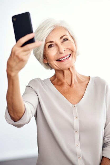 Disparo de una atractiva anciana tomando un selfie con su teléfono creado con ai generativo