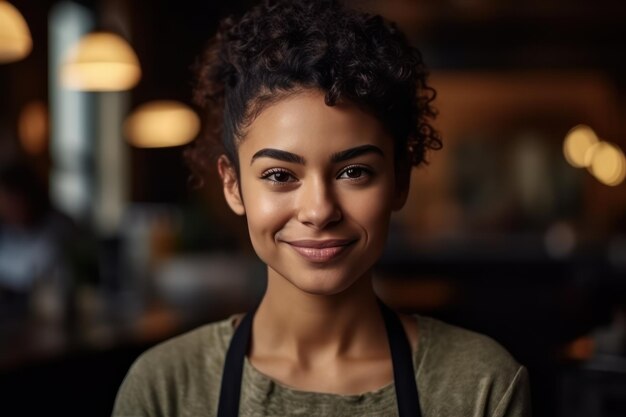 Disparo a la cabeza retrato exitosa mujer de negocios de raza mixta feliz propietario de restaurante o cafetería buscando un