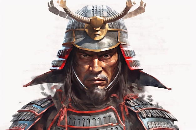 Disparo a la cabeza Un samurai aislado sobre fondo transparente.