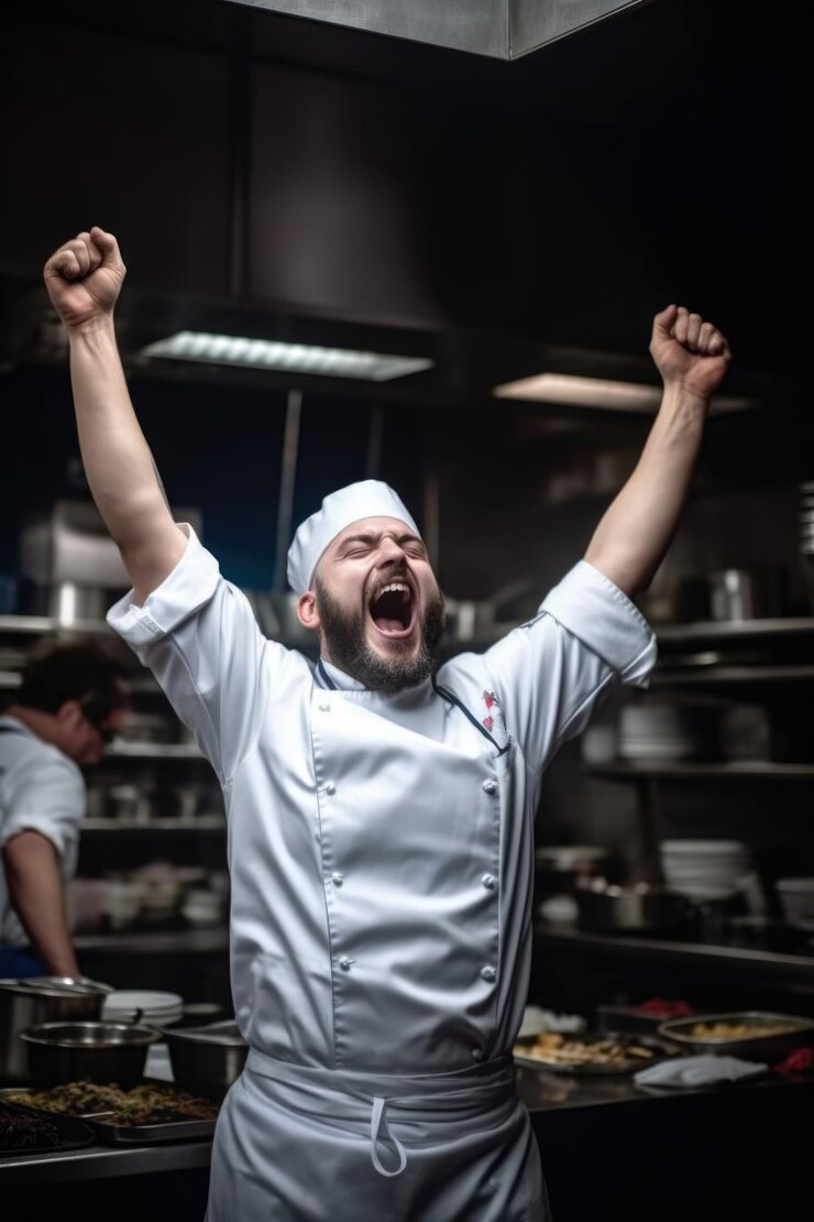 Disparo de un chef con los brazos levantados en celebración creado con ai generativo