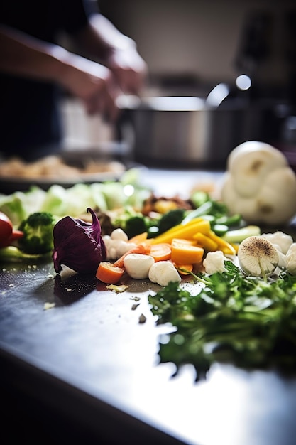 Disparo de un chef irreconocible con verduras en una cocina creada con ai generativo