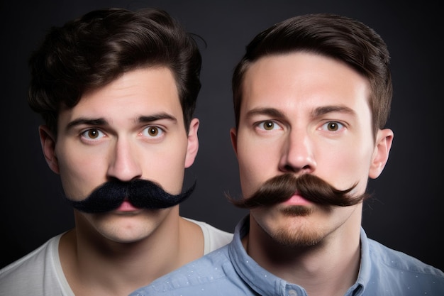 Disparo de dos jóvenes mostrando sus elegantes bigotes creados con ai generativo