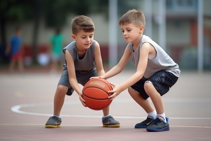 Disparo de dos niños jugando baloncesto en una cancha deportiva creada con IA generativa