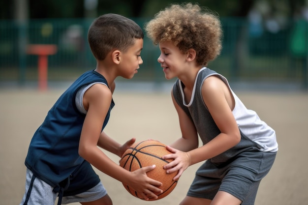 Foto disparo de dos niños jugando baloncesto en una cancha deportiva creada con ia generativa