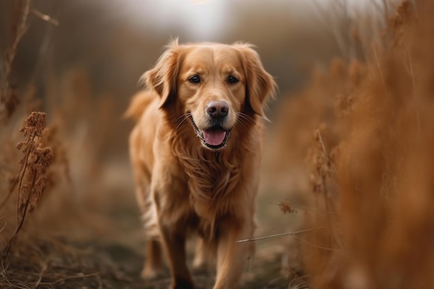 Disparo de enfoque selectivo de un golden retriever marrón caminando en el campo