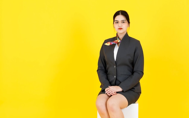 Disparo de estudio de retrato de azafata de azafata asistente de vuelo femenino confiado inteligente exitoso profesional asiático en traje de uniforme formal con bufanda sentado sonriendo mirar a cámara posando sobre fondo amarillo.