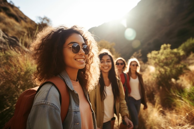 Disparo de un grupo de amigos yendo de excursión en la naturaleza creado con ai generativo