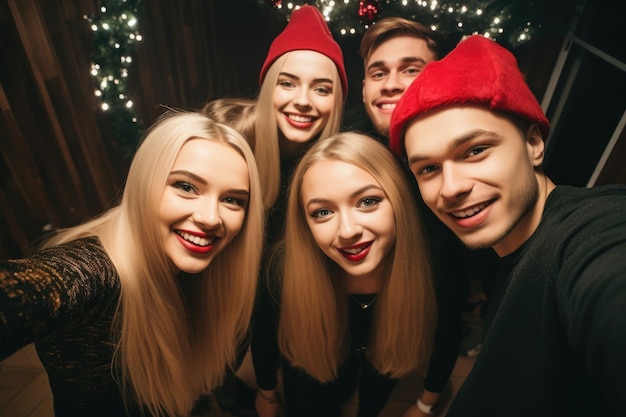 Disparo de un grupo de jóvenes tomando selfies juntos en navidad creado con ai generativo