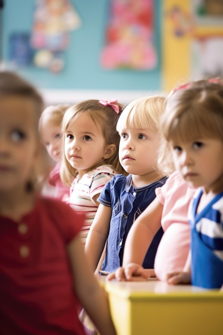 Disparo de un grupo de niños en edad preescolar reunidos en su salón de clases creado con IA generativa