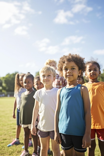 Disparo de un grupo de niños pequeños parados en el campo de deportes creado con IA generativa