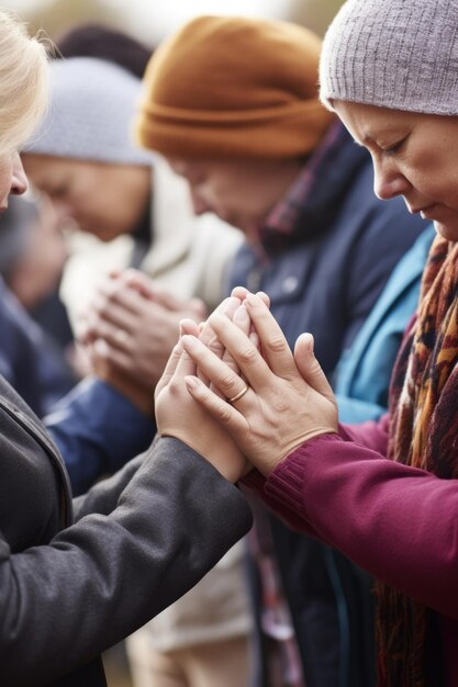 Disparo de un grupo de personas con las manos juntas en oración afuera creado con ai generativo