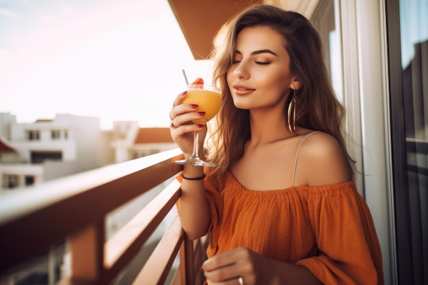 Disparo de una hermosa joven bebiendo un cóctel en su balcón creado con ai generativo