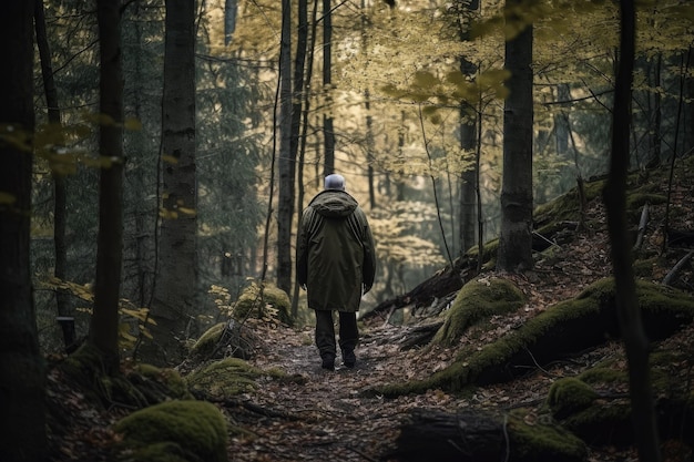 Disparo de un hombre irreconocible parado solo en el bosque creado con ai generativo