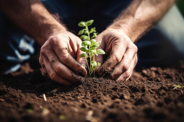 Disparo de un hombre irreconocible plantando una plántula en suelo creado con ai generativo