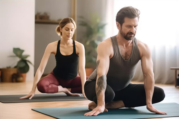 Disparo de un hombre y una mujer practicando yoga creado con IA generativa