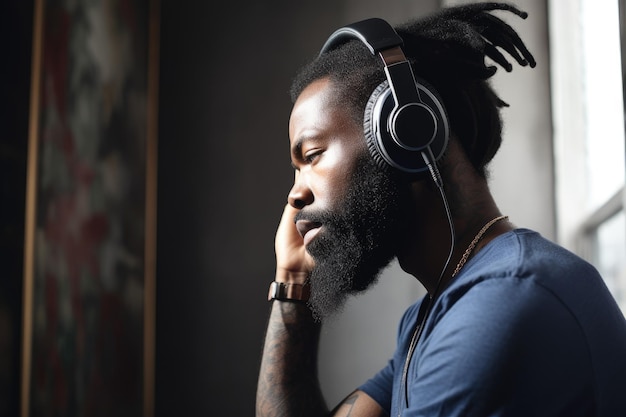 Disparo de un hombre usando auriculares para escuchar música creada con IA generativa