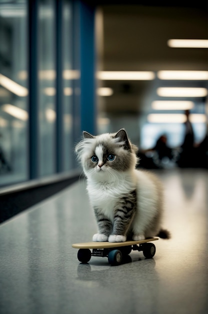 Disparo horizontal de lindo gato en mini patineta