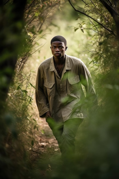 Disparo de un joven caminando por el monte en África creado con ai generativo
