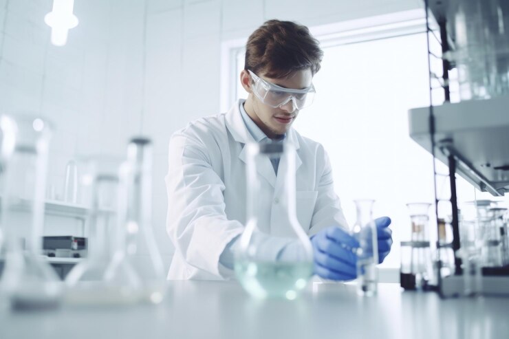 Disparo de un joven científico que lleva a cabo experimentos en su laboratorio creado con IA generativa