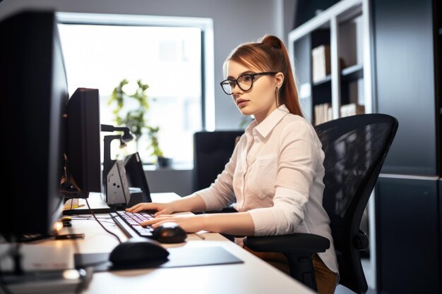 Disparo de una joven discapacitada usando una computadora en el trabajo creada con IA generativa