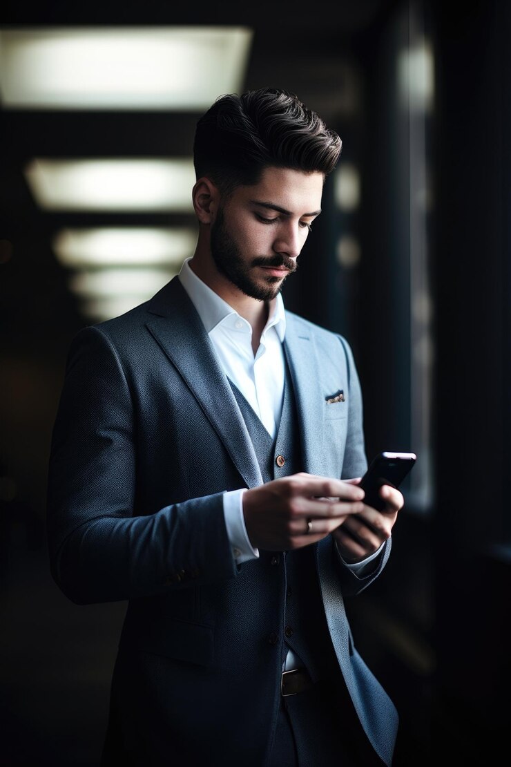 Disparo de un joven empresario usando su teléfono inteligente creado con ai generativa