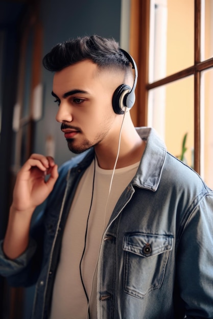 Disparo de un joven escuchando música con auriculares en interiores creados con ai generativo