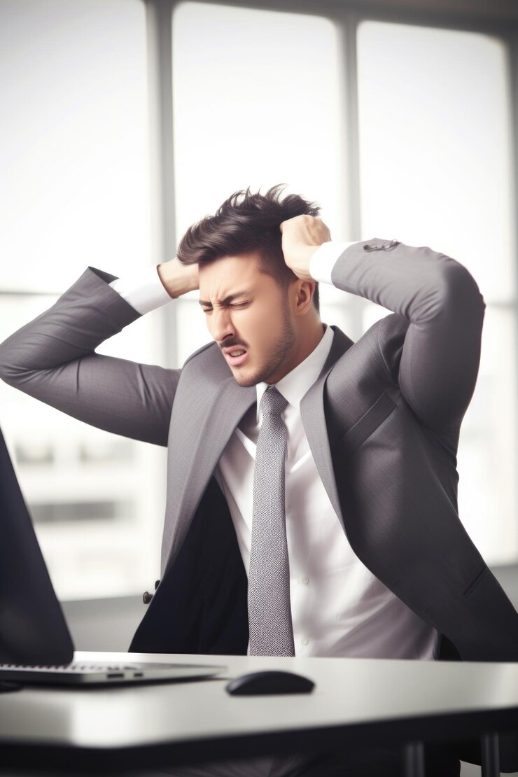 Disparo de un joven hombre de negocios tirando de su cabello mientras trabaja creado con ai generativo