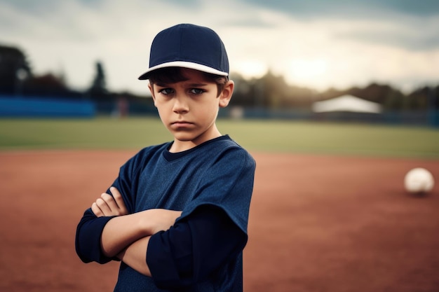 Disparo de un joven jugador de béisbol de pie en el campo creado con ai generativo