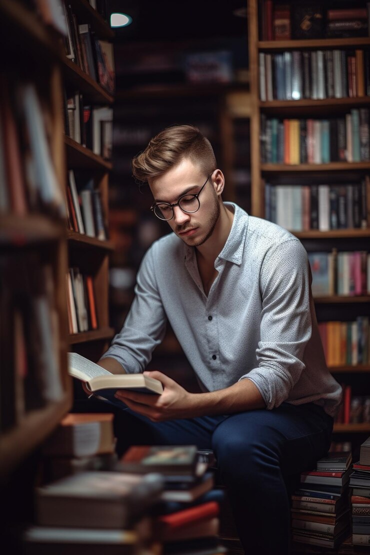 Disparo de un joven leyendo libros en una librería creada con IA generativa