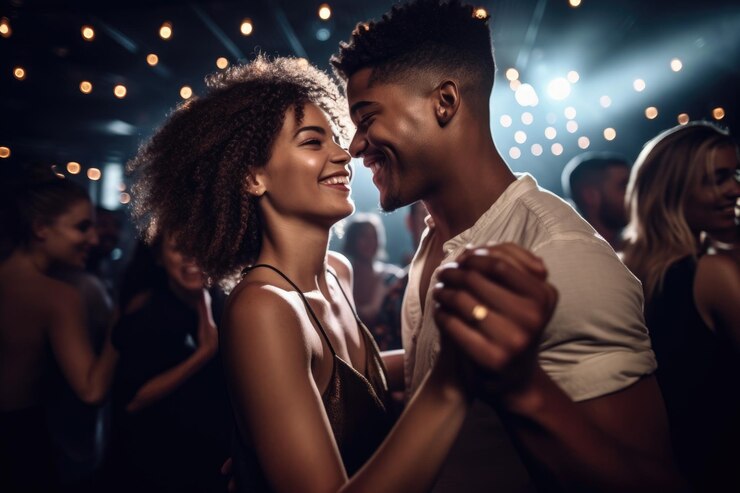 Disparo de una joven pareja feliz bailando en la pista de baile en un club nocturno creado con ai generativo