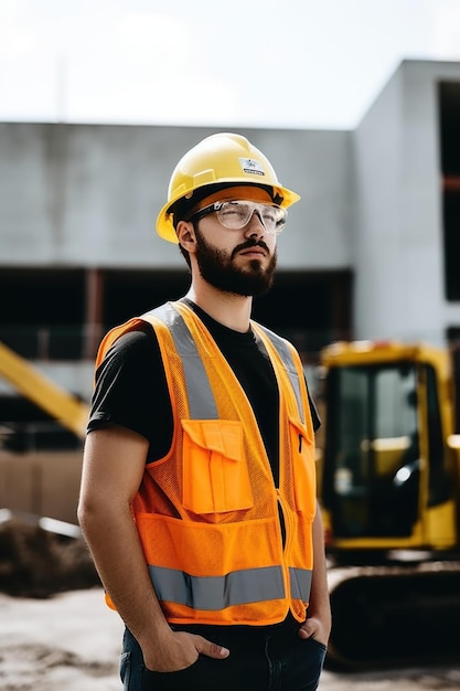 Disparo de un joven que trabaja en un sitio de construcción creado con IA generativa