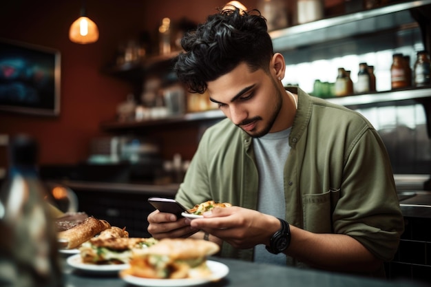 Disparo de un joven que usa su teléfono inteligente para pedir comida creada con IA generativa