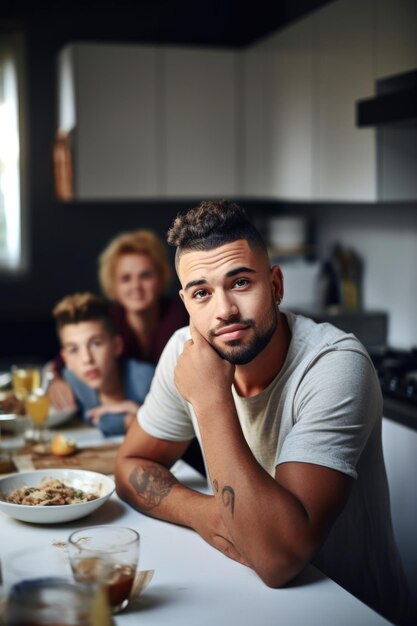 Disparo de un joven sentado en la mesa de la cocina con su familia en casa creado con ai generativo